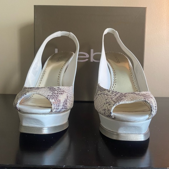 Bebe Zahara Snake-white size 10 peep toe, sling back heel. 4.5”heel 1”platform. - Picture 5 of 12